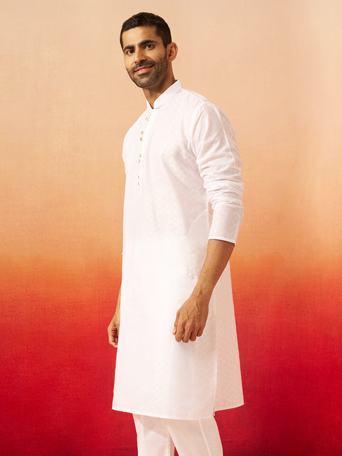 Vastramay Men White Cotton Geometric Jacquard Kurta